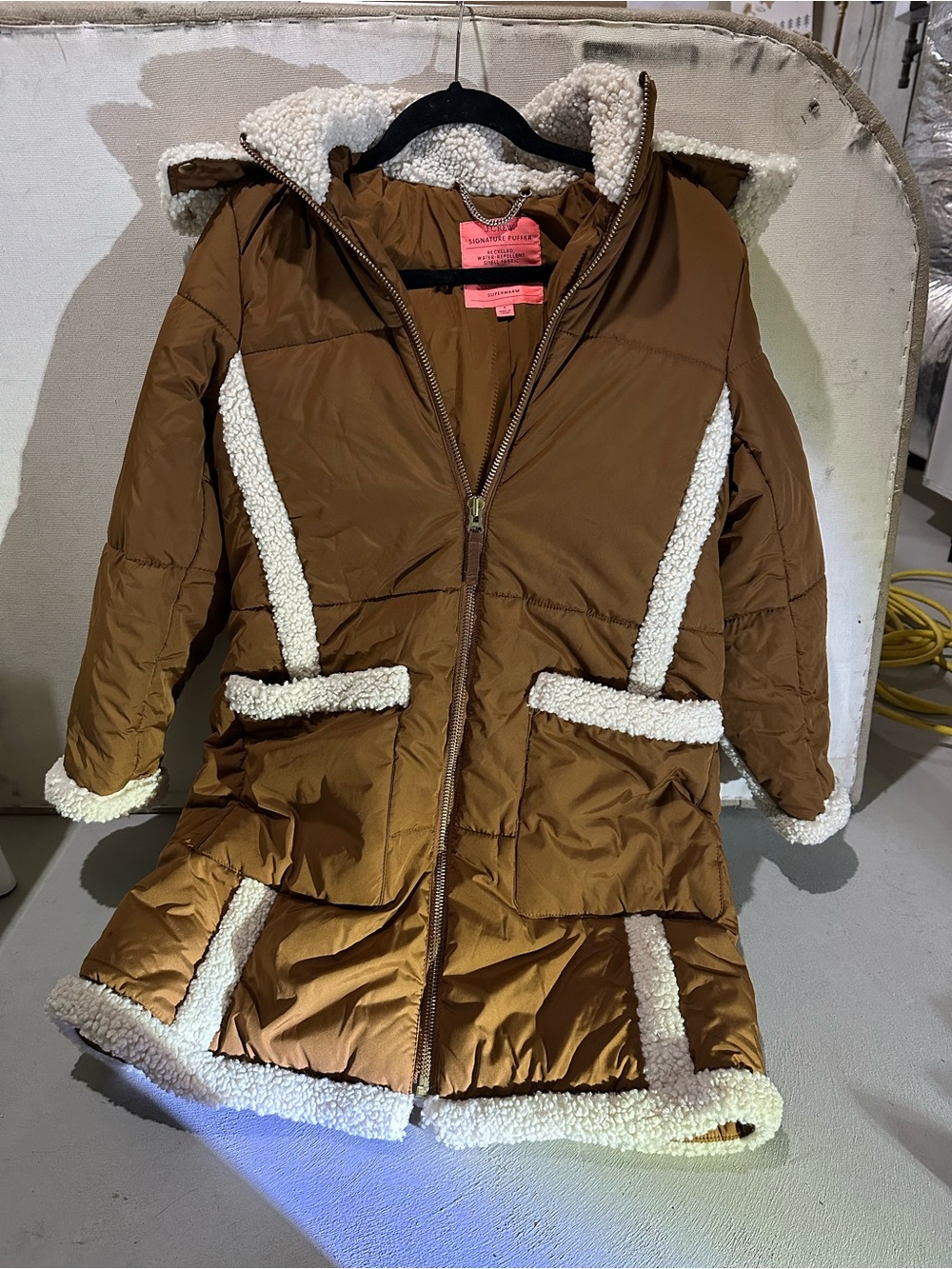 J. Crew Brown Puffer Coat with Cream Sherpa Trim